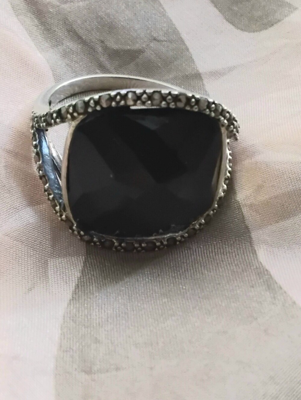 925 Silver Black Onyx & Marcasite Ring Sz 8-3/4